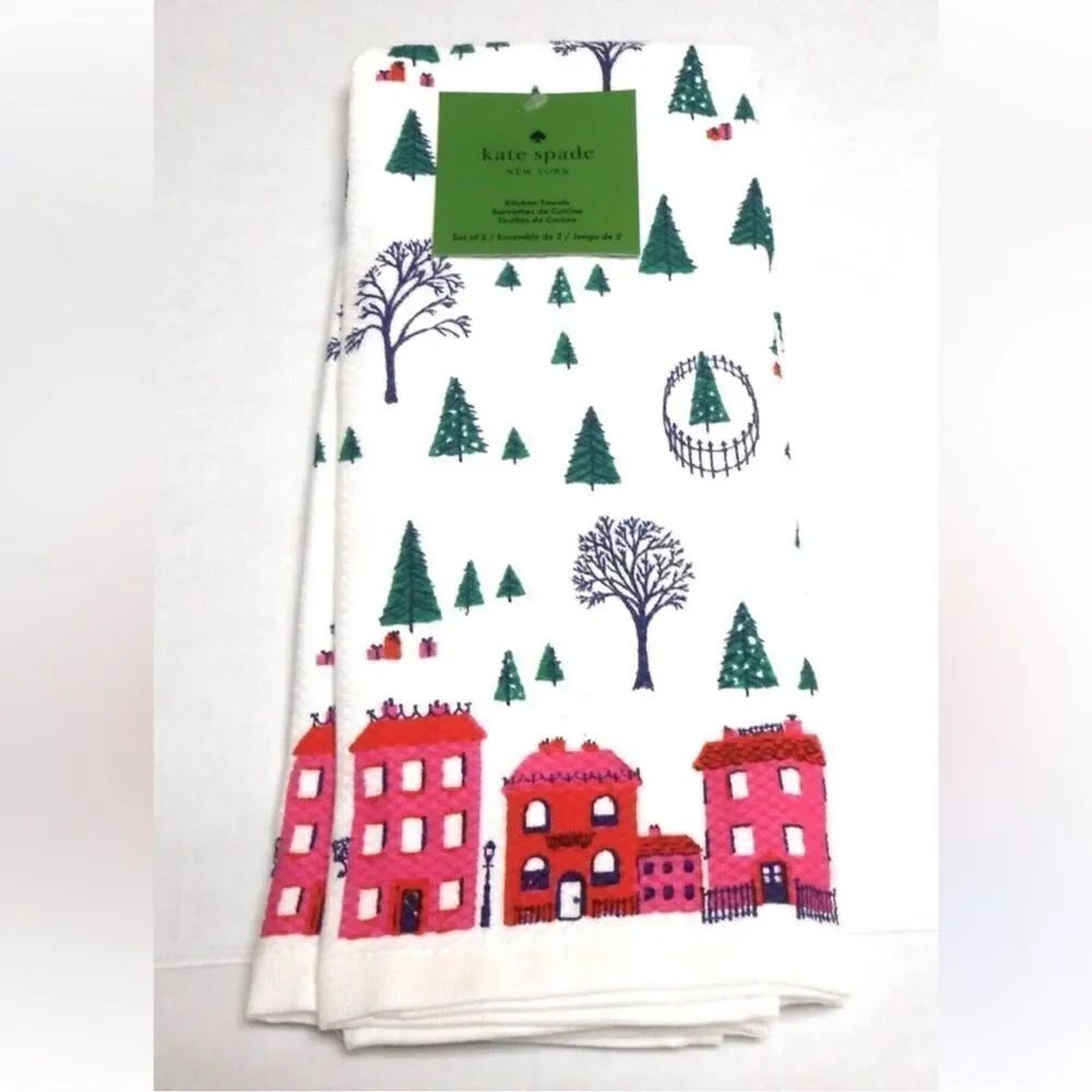 kate spade Christmas Town City Scapes White Pink Green Cotton Kitchen 2 Towel